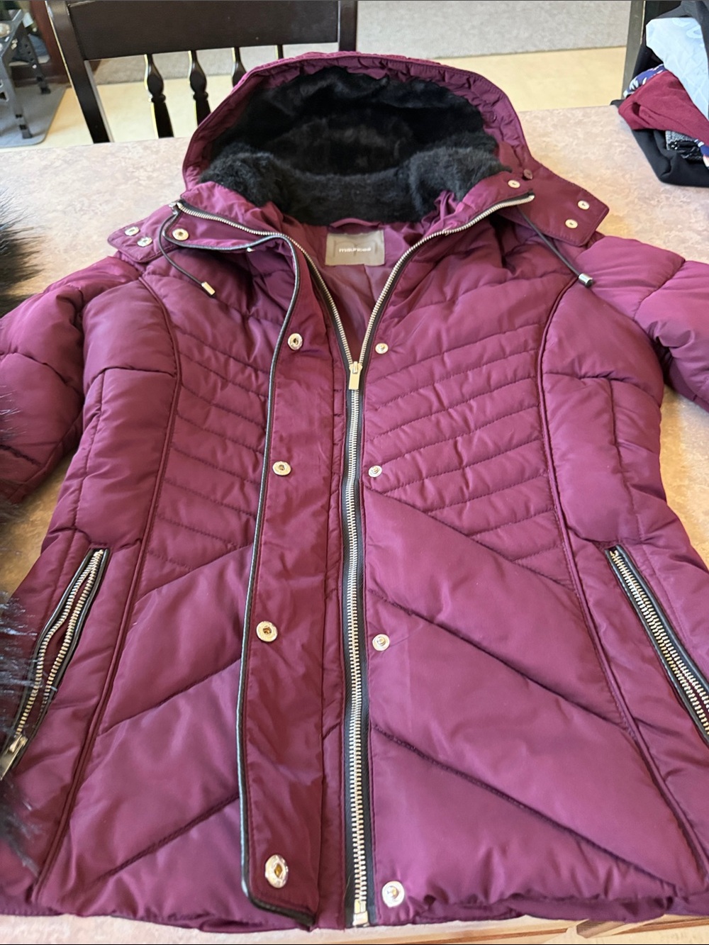 Maurices Burgundy Quilted Puffer Jacket with Faux Fur Trim